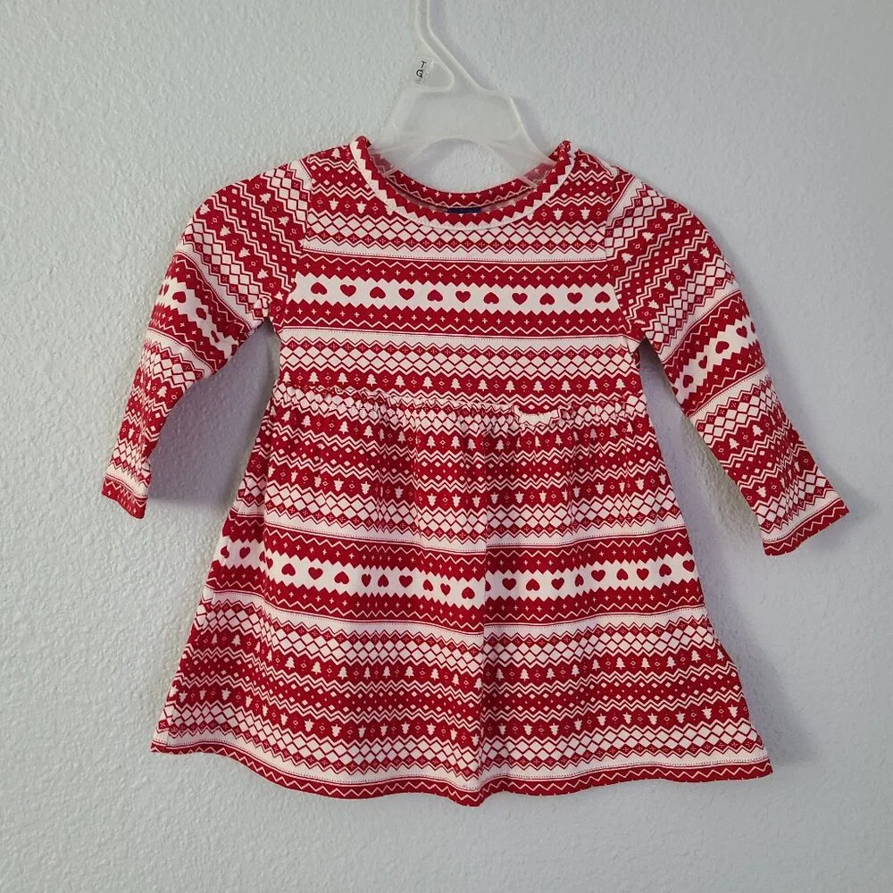 Old Navy Baby Girls Red & White Fair Isle Long Sleeve Dress Size 12–18 Months